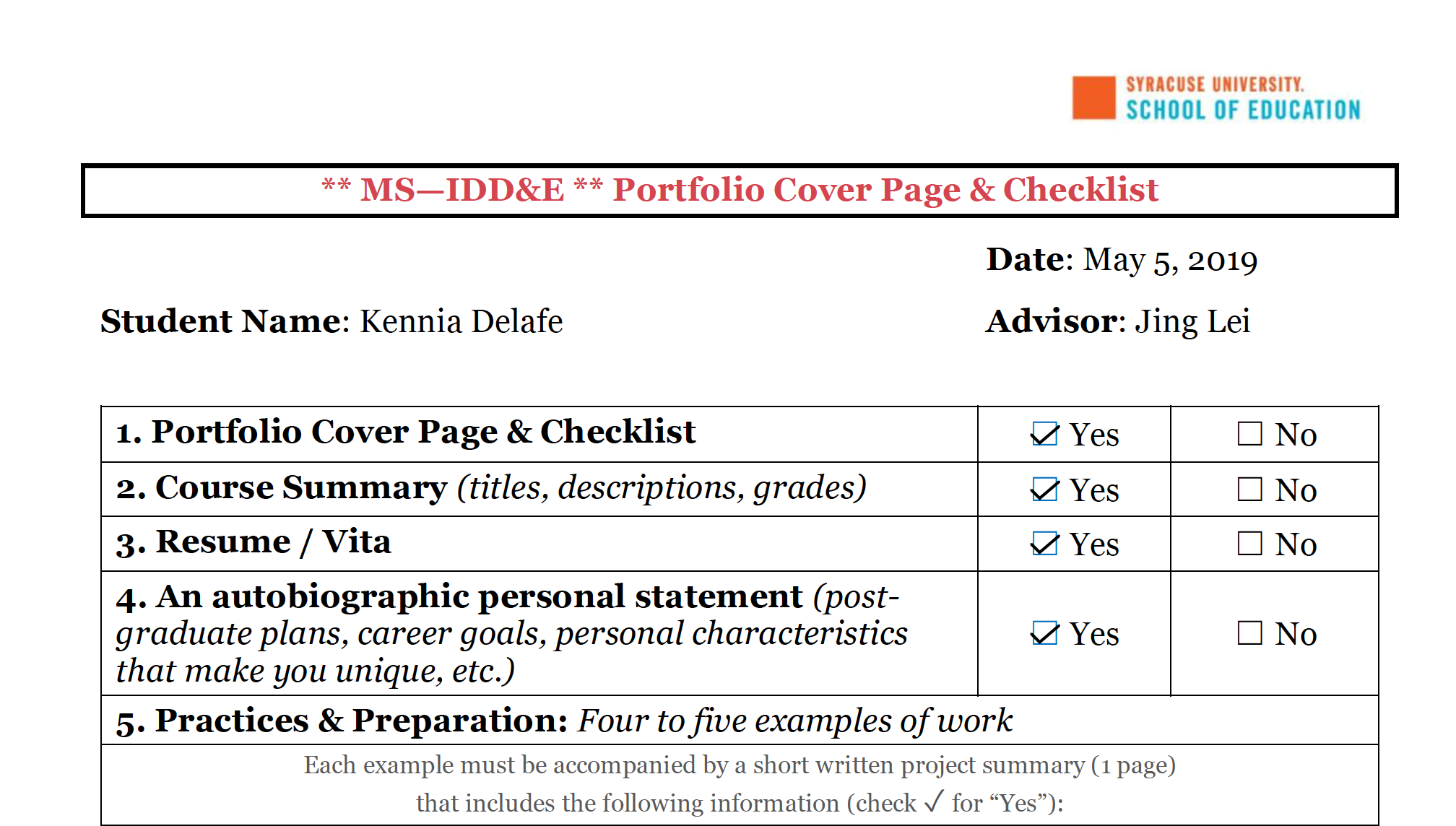 Portfolio Checklist Delafe IDD E Portfolio